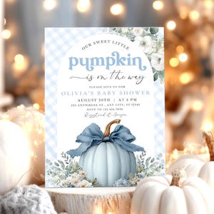 Pumpkin Baby Shower Invitation: Greenery, Blue Bow, Gingham (Editable Template, 5x7 inches) CI68