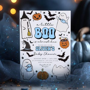 Editable Blue A Little Boo Baby Shower Invitation Hand-drawn Blue Halloween Boy Baby Shower Invite Ghost Halloween Baby Shower Invite LB25