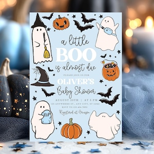 Blue A Little Boo Baby Shower Invitation: Hand-drawn Ghost Halloween (Editable Template) LB22