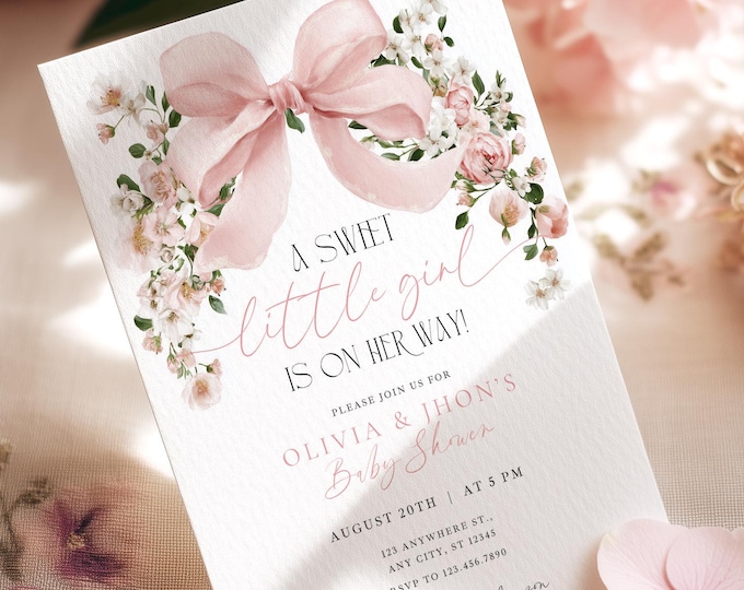 Pink Bow Baby Shower Invitation: Floral Girl Invite (Editable Canva Template, Digital Download) CI44