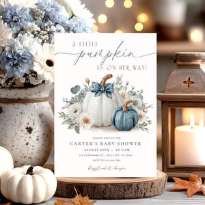 Dusty Blue Pumpkin Baby Shower Invitation: Editable Greenery Design (Digital Download 5x7in Template) CI55