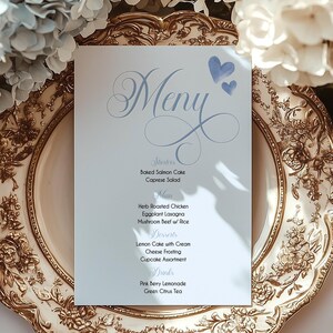 Bewerkbare Valentijnsmenukaart babyshower Een klein liefje onderweg Babyshower Voedselmenu Blauwe harten Babyshower Drankjesmenu BS348