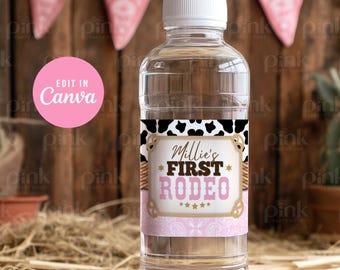 Cowgirl 1st Rodeo Water Bottle Label: Pink Western Birthday (Editable Canva Template) CWG1