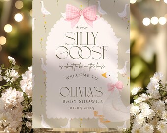 Silly Goose Baby Shower Welcome Sign: Geese Pink Bow Poster Decor (Digital Download) CI23