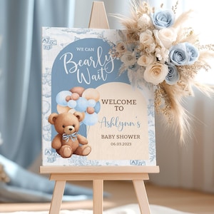 Wir können Bären-Babyparty-Willkommensschild warten, Teddybär-Babyparty-Schild, Boho Bärenjungen-Dusche, bearbeitbare Vorlage Digitaler Download BBT2