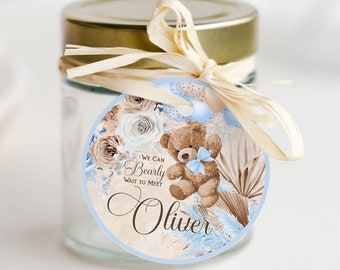 Etichette per bomboniere baby shower a forma di orso blu: modello stampabile Boho (modificabile digitalmente)