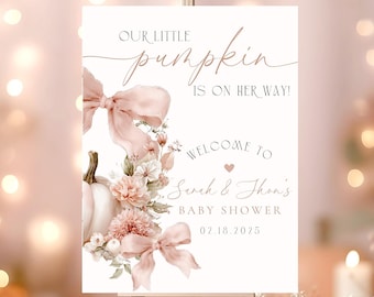 Pink Pumpkin Baby Shower Welcome Sign, Floral Coquette Decor (Editable Template)