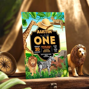 Bearbeitbare Safari 1. Geburtstagseinladung: Dschungeltiere bearbeitbare Vorlage (Digitaler Download)