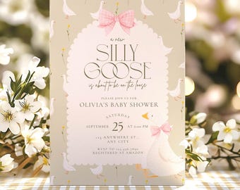Silly Goose Baby Shower Invitation, Pink Bow Girl, Mother Goose Theme (Digital Download)