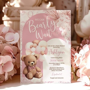 Editable Brown Bear Balloon Baby Shower Invitation We Can Bearly Wait Baby Shower Invite Pink Boho Bear Girl Baby Shower BPS1