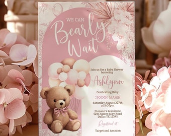Editable Brown Bear Balloon Baby Shower Invitation We Can Bearly Wait Baby Shower Invite Pink Boho Bear Girl Baby Shower BPS1