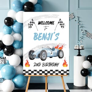 Letrero de bienvenida de cumpleaños de carreras editable Two Fast Two Curious, letrero de cumpleaños rojo para segundo cumpleaños, plantilla de decoración para niño Corjl IMPRIMIBLE TF001