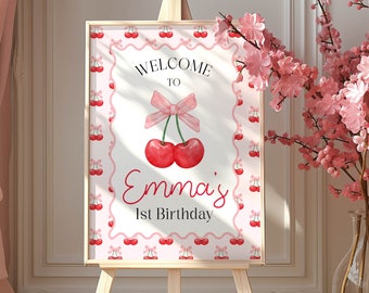 Cherry 1 Geburtstag Willkommensschild: Rosa Schleife Coquette (Printable) BP150