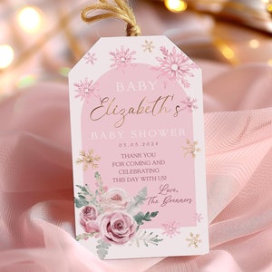Snowflake Gift Bag Tag Editable Custom editable favor for Girl baby shower Winter Favor Tag Sticker Pink little snowflake on the way CBS10