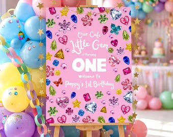 Little Gem First Birthday Welcome Sign, Rhinestone Girl Party Decor
