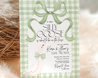 Silly Goose Baby Shower Invitation: Green Gingham, Editable Canva Template (Digital Download)
