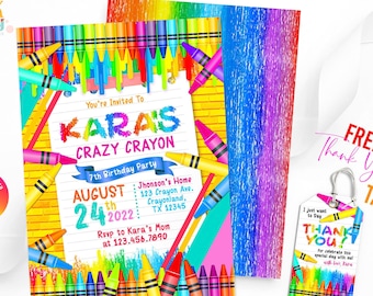 Crayon Birthday Invitation editable Template Printable Arts Crafts Birthday Invite Crayon Art Party for Girls Crayon Art Colorful Rainbow