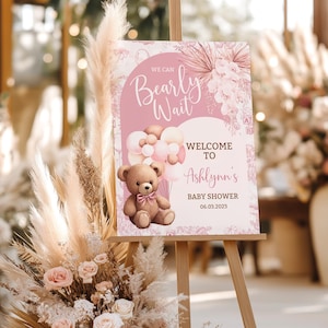 We Can Bearly Wait Welcome Sign, Pink Bear Baby Shower Sign, Boho Girl Baby Shower Decor, Editable Corjl Template, Digital Download