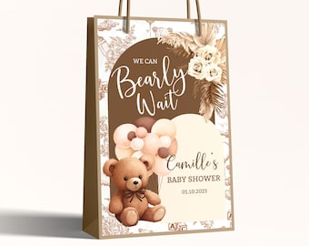 EDITABLE Bear bearly wait Birthday Gift Box Label, Beary First Birthday gift Label, Teddy Bear baby shower template Party Favors BBT3