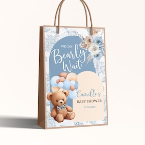 Etiqueta de caixa de presente de aniversário de espera de urso EDITÁVEL, etiqueta de presente de primeiro aniversário Beary, modelo de chá de bebê de urso de pelúcia, lembrancinhas de festa BBT2