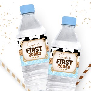 Cowboy Birthday Party water labels wrapper, Printable templates, 1st Rodeo Western beverage drink labels,  Cowboy Corjl Editable labels