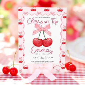 Eerste verjaardagsuitnodiging kers: Pink Bow Coquette Cherries bewerkbare uitnodigingssjabloon (digitale download) BP150