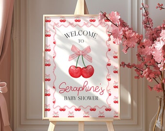 Cherry Baby Shower Welcome Sign: Pink Bow (Editable Printable Template) BS220