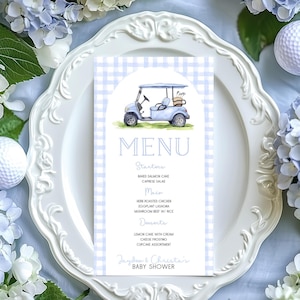 Szablon menu golfowego do wydrukowania, edytowalny, pozwala na par-tee, menu na baby shower, edytowalne menu na czas gry dla chłopca, menu napojów na baby shower, karta menu BS227