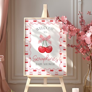 Letrero de bienvenida para baby shower con cerezas, imprimible, con cerezas en la parte superior, letrero para baby shower, lazo rosa, tablero de bienvenida para baby shower de niña, letrero de entrada con cerezas BS220