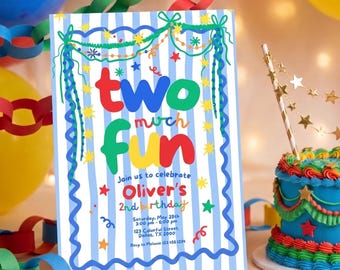 Two much fun 2nd Birthday Invitation for Boy, Editable Canva Template