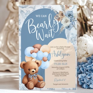 Modificabile We Can Bearly Wait Invito per baby shower per bambini Palloncino Orso Invito per baby shower Boho Orso Invito per baby shower per bambini BBT2