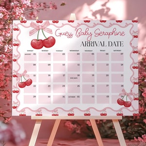 Cherry vervaldatum kalendersjabloon afdrukbare bewerkbare roze strik babyshower spelletjes Cherry on top meisje babyshower afdrukbare vervaldatum teken BS220