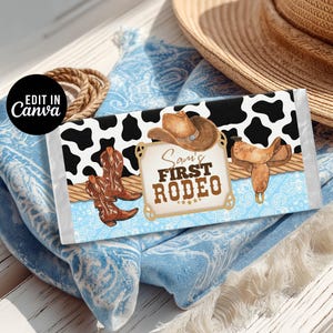 Cowboy 1st Rodeo Birthday Candy Bar Wrapper Canva Template (Digital Download)