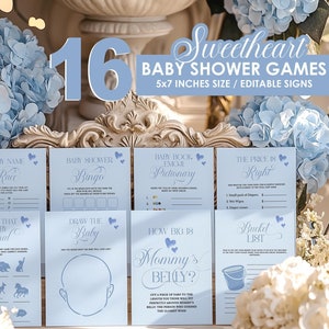 Bewerkbare Valentijnsbabyshowerspelbundel Een klein liefje onderweg Babyshowerspelborden Blauwe harten Jongens babyshowerspelpakket BS348