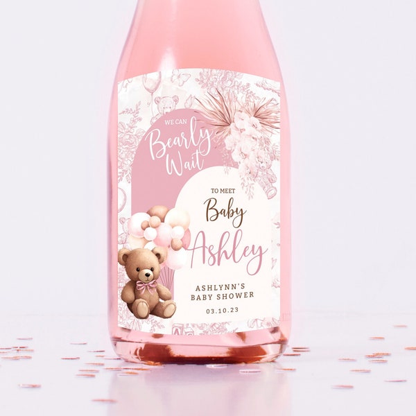 Bear wine label pink bear editable label for baby shower custom champagne label girl baby shower boho shower decoration bear party