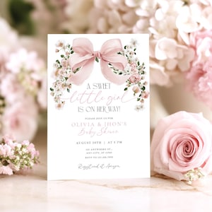 ピンクのリボンで飾るベビーシャワー招待状：フローラルな女の子向け招待状（編集可能なCanvaテンプレート、デジタルダウンロード）CI44