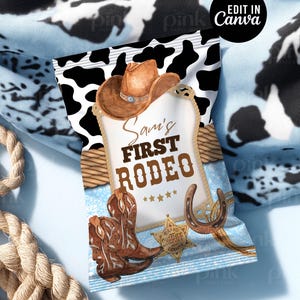Cowboy 1st Rodeo Chip Bag Template: Western Canva Editable Digital Printable