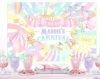 FUN FAIR CARNIVAL Geburtstag druckbare Hintergrund Vorlage Design, Karneval Pastellfarben Geburtstagsbanner, bearbeitbare Vorlage Dekor Hintergrund