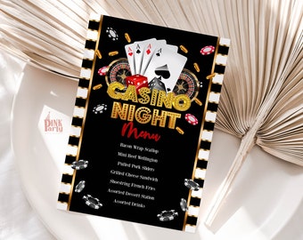 May include: A black and gold casino night menu card with a red die, playing cards, and poker chips. The menu includes items like prime rib wellington, mini beef sliders, and assorted desserts.