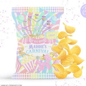 Carnival Birthday chip bag, Template Printable, Fun fair circus Birthday chip bag, carnival pastel colors Editable chip bag, Corjl template