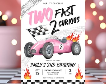 Two Fast Birthday Invitation: Pink Race Car, Girl 2nd Birthday (Digital Download) RCP6