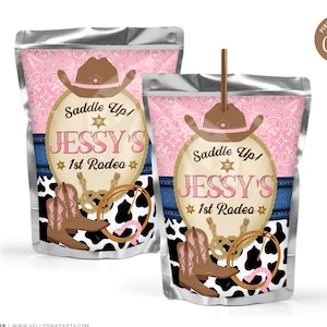 Cowgirl 1st Rodeo Birthday Juice Pouch Labels (Editable Template)