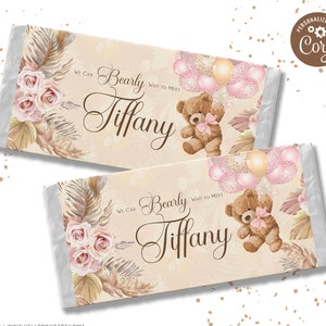 Teddy bear baby shower candy bar wrapper, Template Printable, Teddy bear balloons Birthday chocolate labels, baby Editable chocolate TB11