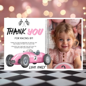 Racing bedankkaart verjaardag, bewerkbare sjabloon Racing bedankkaart roze afdrukbare raceauto bedankbriefjes verjaardagsfeestje meisje RCP6