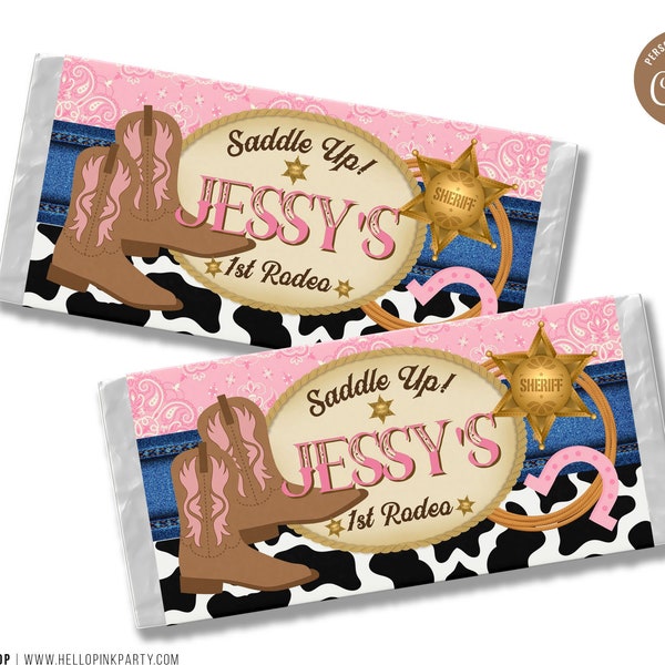 Cowgirl Birthday Party candy bar wrapper, Template Printable, !st Rodeo Western Birthday chocolate labels, Cowboy Editable chocolate bar