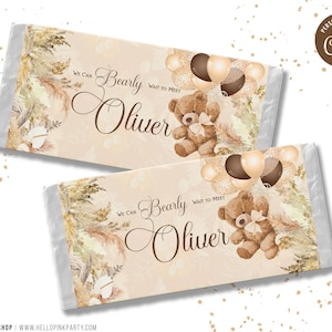 Teddy bear baby shower candy bar wrapper, Template Printable, Teddy bear balloons Birthday chocolate labels, baby Editable chocolate bar