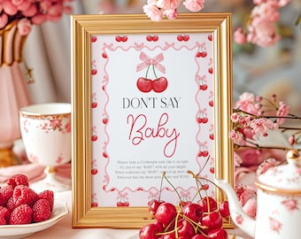 Cherry Don't say Baby Sign Cherry on top Baby Shower Pink Bow Baby Shower Sign Modern Girl Baby Shower Minimal Decoration Sign BS220