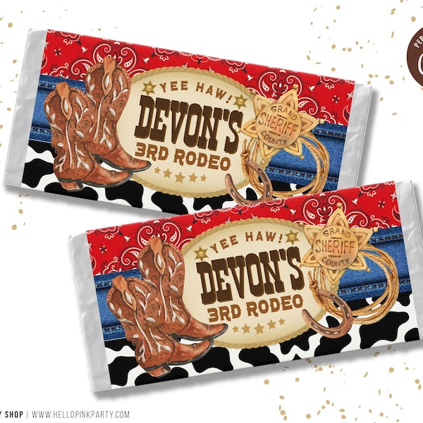 Cowboy Birthday Party candy bar wrapper, Template Printable, 1st Rodeo Western Birthday chocolate labels, Cowboy Editable chocolate bar