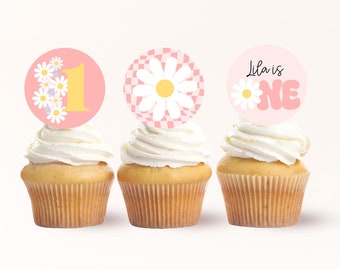 Groovy Cupcake Toppers Daisy First Birthday Editable One Happy Babe Party Decoration INSTANT DOWNLOAD Retro 1st birthday gift for girl FB105