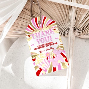 Fair Tags Fun Fair Birthday Thank You Tag, Template Printable, Carnival Red Pink ...